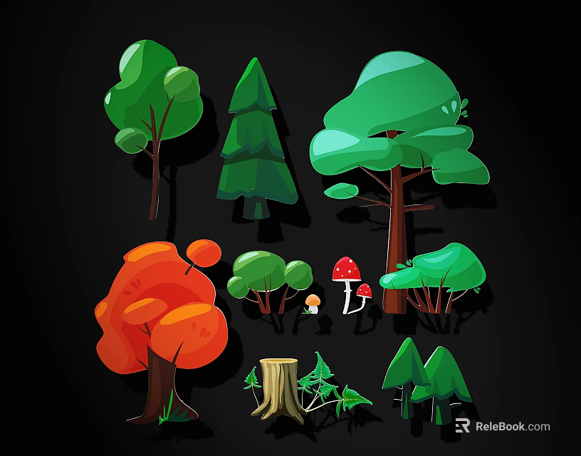 Colorful Cartoon Trees With Different Shapes Mushrooms Stump And Small Bushes 3d model 