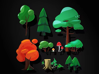 Colorful Cartoon Trees With Different Shapes Mushrooms Stump And Small Bushes 3d model