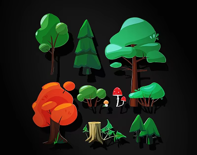 Colorful Cartoon Trees With Different Shapes Mushrooms Stump And Small Bushes 3d model