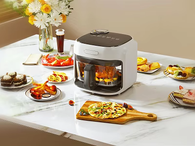 Multifunctional Air Fryer On Kitchen Countertop With Pizza Fried Chicken Fruits And Desserts 3d model