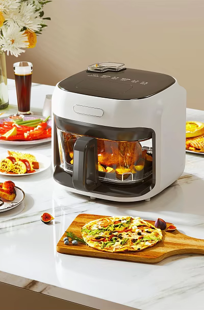 Multifunctional Air Fryer On Kitchen Countertop With Pizza Fried Chicken Fruits And Desserts 3d model