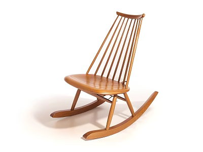Classic Wooden Rocking Chair with Slatted Backrest Natural Wood Color and Curved Legs 3d model