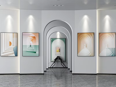 Modern Art Gallery Interior With Abstract Geometric Paintings Arched Doorway And Polished Gray Floors 3d model