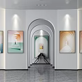 Modern Art Gallery Interior With Abstract Geometric Paintings Arched Doorway And Polished Gray Floors