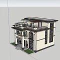 Two Story Detached Villa With White Exterior Lush Greenery Palm Trees Lawn And Driveway