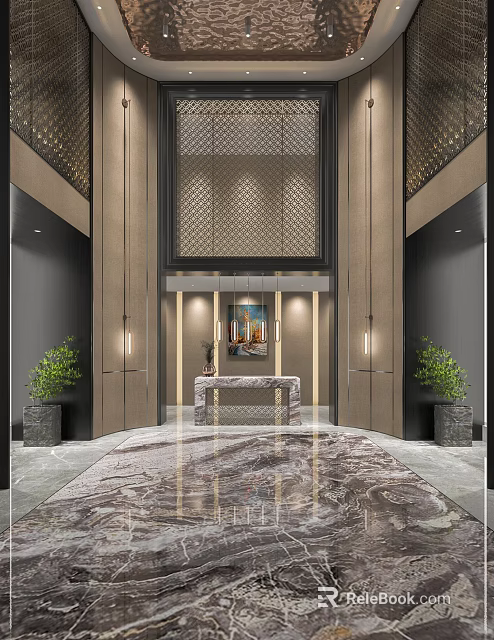 Luxurious Hotel Lobby Interior With Marble Reception Desk Large Rug Green Plants And Decorative Painting 3d model 