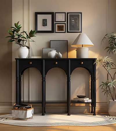 Black Console Table with Drawers Decorative Items White Vase Lamp Plants and Wall Framed 3d model