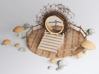 Natural Style Landscape Seat With Twig Woven Circular Structure And Wooden Steps 3d model