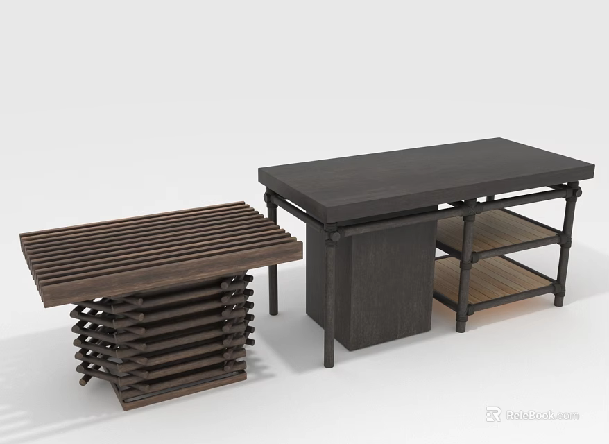 Dark Wood Furniture Pieces with Slatted Surface Table and Shelved Storage Unit in Minimalist Design 3d model 