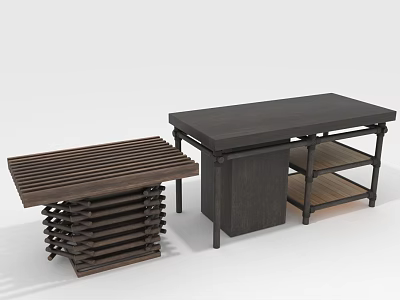 Dark Wood Furniture Pieces with Slatted Surface Table and Shelved Storage Unit in Minimalist Design 3d model