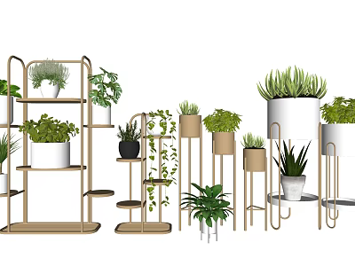 Stylish Potted Plants with Various Designs on Metal Stands and Different Plant Types 3d model