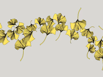 Yellow Ginkgo Leaves Wall Decor on Gray Background Arranged in a Row 3d model