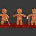 Three Gingerbread Men Figurines Holding Candy Canes On Red Bases Against Black Background