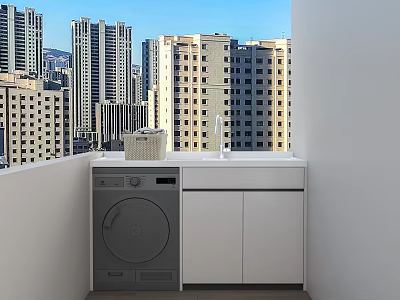 Modern Bathroom Cabinet Frame With Washing Machine And Balcony City View 3d model