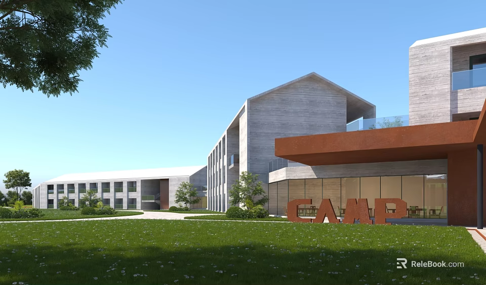 Modern Office Building Exterior With Green Lawn Large CAMP Sign Glass Curtain Wall And Trees 3d model 
