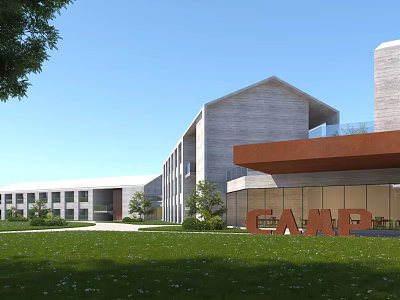 Modern Office Building Exterior With Green Lawn Large CAMP Sign Glass Curtain Wall And Trees 3d model