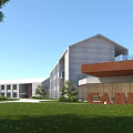 Modern Office Building Exterior With Green Lawn Large CAMP Sign Glass Curtain Wall And Trees
