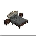 Upholstered Double Bed With Ornate Wooden Frame And Carved Gold Accent Nightstands