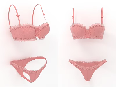 Pink Lingerie Set With Lace Trim Bow Accent Bralette And Panty 3d model