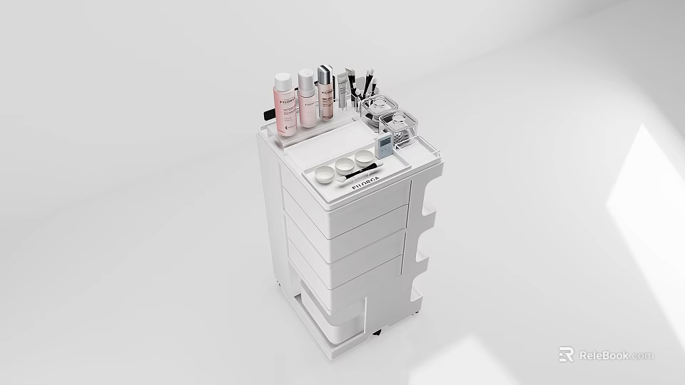 White Multi Drawer Cabinet With Perfume Bottles Cosmetics And Makeup Brushes 3d model 
