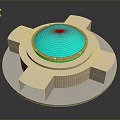 3D Rendered Tech Sphere Installation With Golden Rim And White Geometric Base