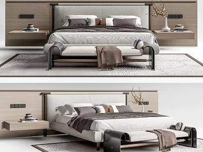 Contemporary Double Bed with Wooden Headboard Bedside Tables Foot Bench and Throw Rug 3d model