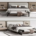 Contemporary Double Bed with Wooden Headboard Bedside Tables Foot Bench and Throw Rug