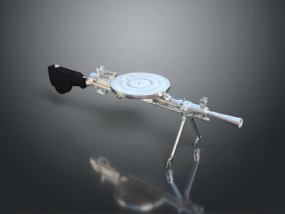 Tactical Machine Gun Weapon Featuring Metal Tripod Stand And Circular Magazine Design 3d model