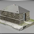 Stone Building Model With Gray Roof Stone Walls And Door On White Platform