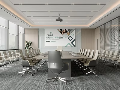 Modern Conference Room With Large Table Ergonomic Chairs Summit Banner And Floor To Ceiling Windows 3d model