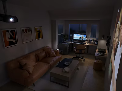 Modern Public Office Space With Sofa Desk Computer Windows And Decorative Paintings 3d model