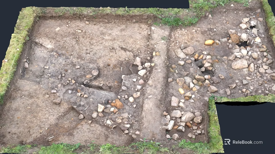 Archaeological Excavation Site With Exposed Soil Stones And Grass Edges 3d model 