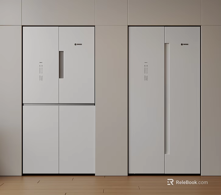 Modern Built in Refrigerators with Sleek White Door Design in Kitchen 3d model