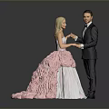 Woman In Pink White Dress With Large Train Holding Hands With Man In Suit