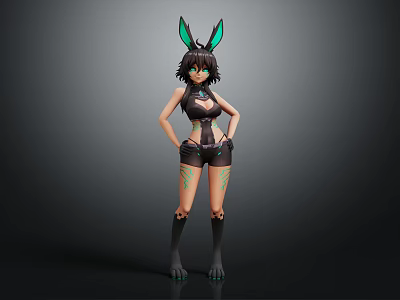 Stylish Anime Female Character With Green Rabbit Ears Black Outfit Tattoo Standing Pose 3d model