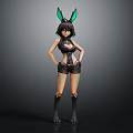 Stylish Anime Female Character With Green Rabbit Ears Black Outfit Tattoo Standing Pose