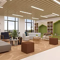 Bright Public Office Space With Wooden Ceiling Linear Lights Large Windows And Green Plants