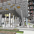 Modern Office Building With Glass Curtain Walls Outdoor Seating Green Lawn And Decorative Spheres