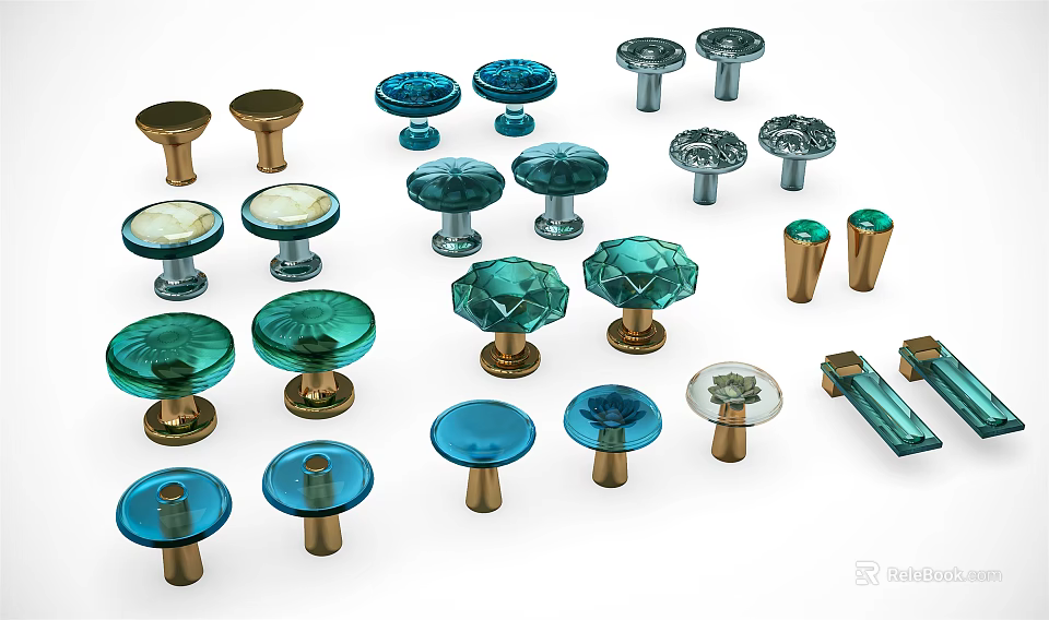 Various Decorative Cabinet Handles In Blue Green And Gold With Metallic Glass Designs 3d model 