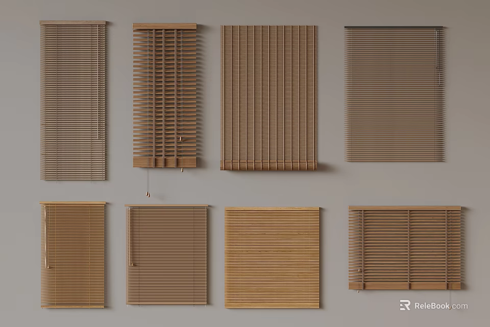 Wooden Window Blinds Various Styles And Designs Displayed On Gray Background 3d model 