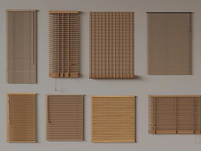 Wooden Window Blinds Various Styles And Designs Displayed On Gray Background 3d model