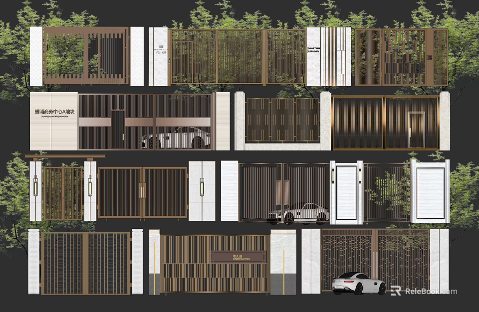 Modern Building Facade Design For Multiple Units With Layered Grilles And Greenery 3d model