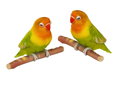 Two Colorful Lovebirds Perched On Wooden Branches With Green And Orange Feathers 3d model