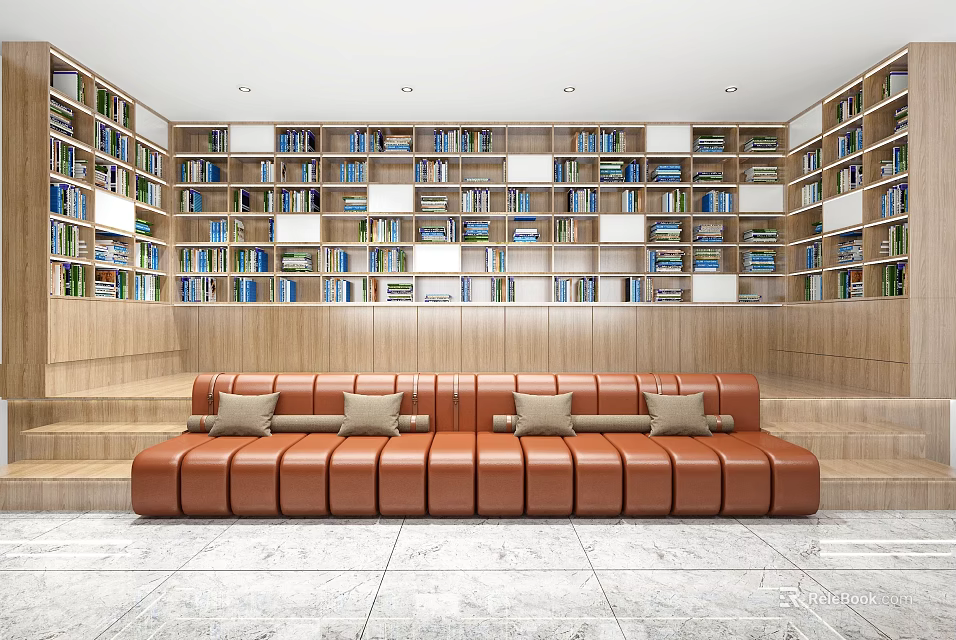 Modern Reading Area With Full Wall Bookcases And Leather Sofa 3d model