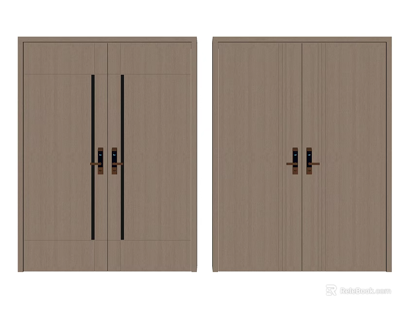 Light Brown Wooden Double Doors With Symmetric Design And Black Handles 3d model 