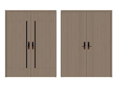 Light Brown Wooden Double Doors With Symmetric Design And Black Handles 3d model