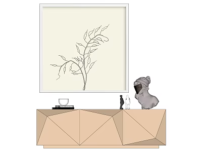 Framed Plant Branch Artwork On Geometric Cabinet With Teacup And Figurines 3d model