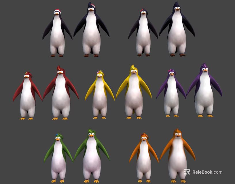 Colorful Penguin Characters With Various Colored Wings Standing In Pairs 3d model 