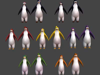 Colorful Penguin Characters With Various Colored Wings Standing In Pairs 3d model