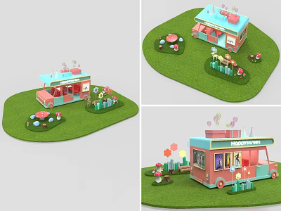 Colorful Cartoon Food Cart Scene With Green Grass Flowers And Mushroom Decorations 3d model